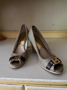 Michael Kors Beige Espadrille Peep-Toe Heels with Brown Trim and Gold MK Accent